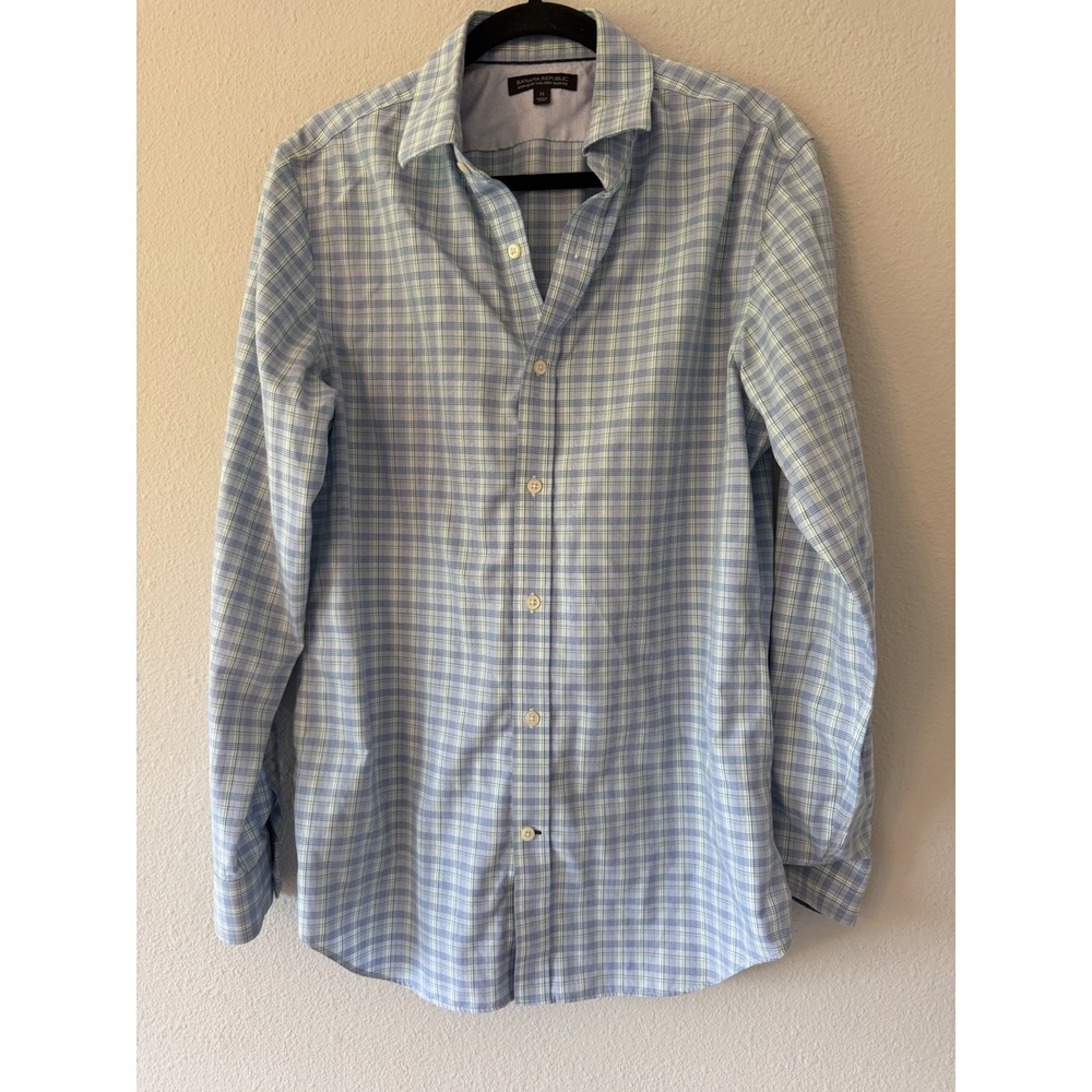 Banana Republic Mens Slim Fit Non-Iron Plaid Button Up Shirt Blue White Size M